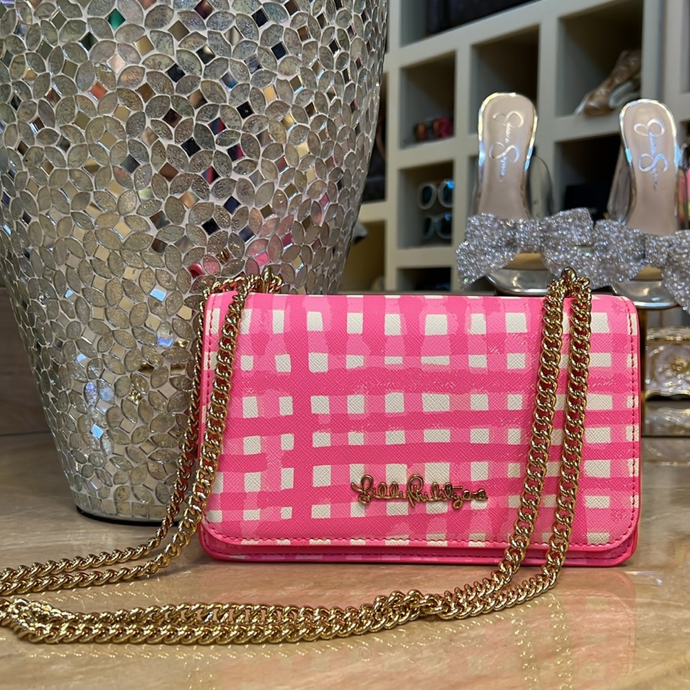 Lilly Pulitzer Kat Crossbody Bag Pink Tropics Gold Chain, Like New